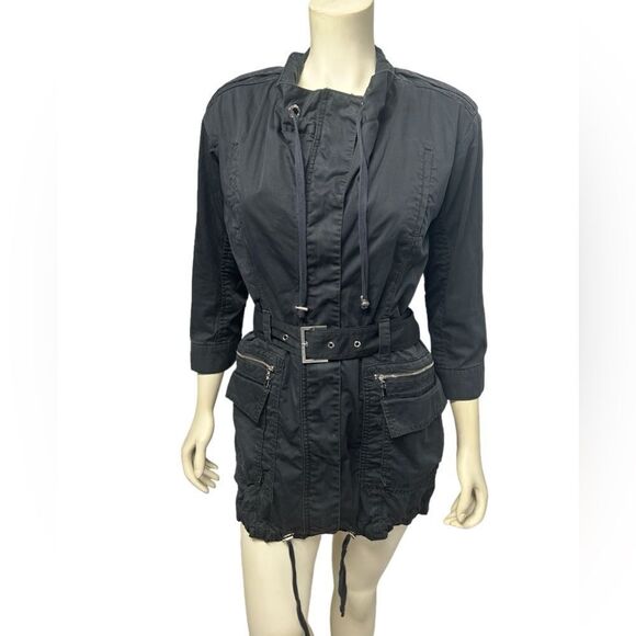 Calvin Klein Black coat long army trench coat Jacket with belt many pockets fall - Picture 2 of 9